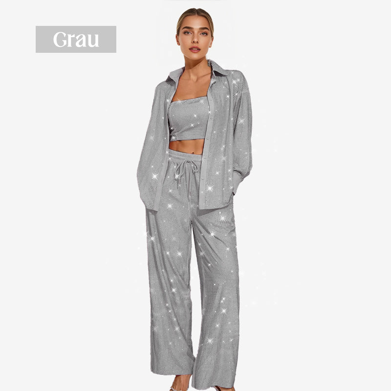 💕2025 HEISSER VERKAUF💐Paillettenblazer und weite Hose für Damen (3-teiliges Set)