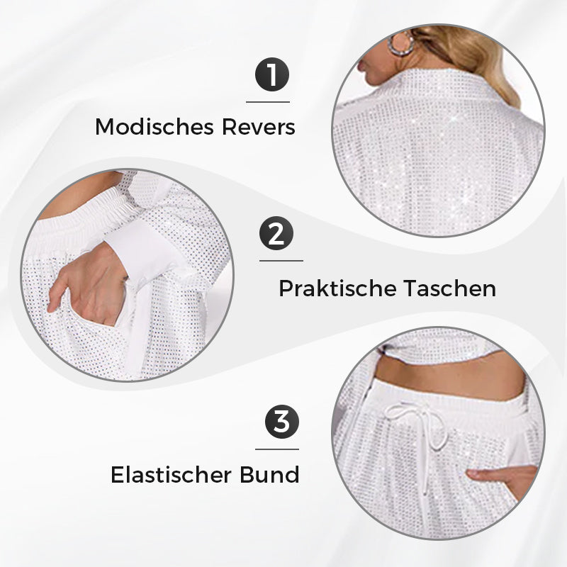 💕2025 HEISSER VERKAUF💐Paillettenblazer und weite Hose für Damen (3-teiliges Set)