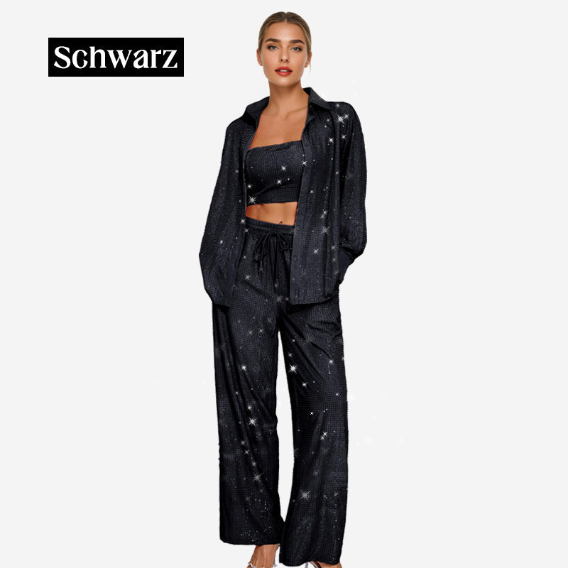 💕2025 HEISSER VERKAUF💐Paillettenblazer und weite Hose für Damen (3-teiliges Set)